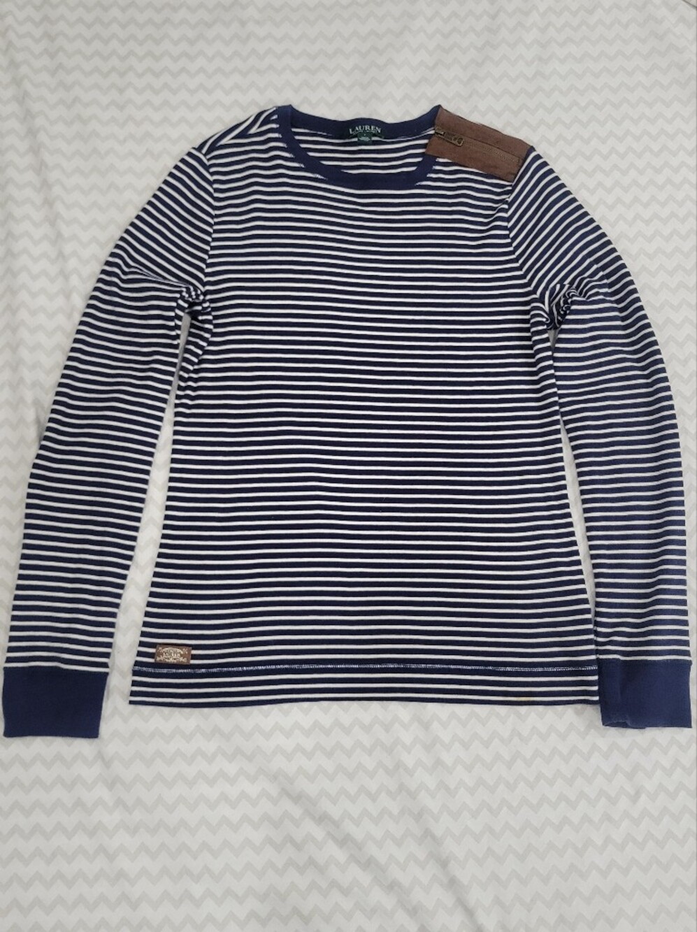 Lauren Ralph Lauren Striped Long Sleeve Top with Elbow Patches & Shoulder Zip